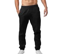 Leinenhose Herren Sommerhose Einfarbiges Casual Strandhosen Leinen Hose Lange Leichte Loose Fit Freizeithose mit Taschen Kordelzug Strandhose für Urlaub Strand Alltag (Black, M)