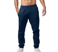 Leinenhose Herren Sommerhose Einfarbiges Casual Strandhosen Leinen Hose Lange Leichte Loose Fit Freizeithose mit Taschen Kordelzug Strandhose für Urlaub Strand Alltag (Navy, S)