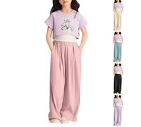 Leinenhose Mädchen Weite Bein Freizeithose Leicht Luftig Palazzo Hose Fallschirm Hose Eisseide Jogginghose Sporthose Elastisch Stoffhose Hohe Taille Y2k (Khaki, 9-10 Years)
