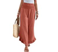 Leinenhose Sommerhose Damen Leichte Stoffhose Bundfaltenhose Strandhose Einfarbig Bequeme Harem Musselin Hose mit Weites Bein,Orange,M