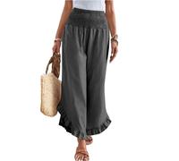 Leinenhose Sommerhose Damen Leichte Stoffhose Bundfaltenhose Strandhose Einfarbig Bequeme Harem Musselin Hose mit Weites Bein,Grau,M
