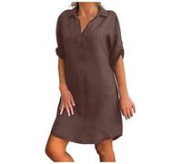 Leinenkleid Damen 3/4 Arm Sommer Knopfleiste Sommerkleid Damen mit Taschen Leinenkleider Baumwolle Leinen Blusenkleid Freizeitkleid Strandkleider Boho Kleid A-Linie Kleid Hemdblusenkleid