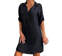 Leinenkleid Damen 3/4 Arm Sommer Knopfleiste Sommerkleid Damen mit Taschen Leinenkleider Baumwolle Leinen Blusenkleid Freizeitkleid Strandkleider Boho Kleid A-Linie Kleid Hemdblusenkleid