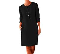 Leinenkleid Damen 3/4 Arm Sommer Knopfleiste Sommerkleid Damen mit Taschen Leinenkleider Baumwolle Leinen Blusenkleid Freizeitkleid Strandkleider Boho Kleid A-Linie Kleid Hemdblusenkleid