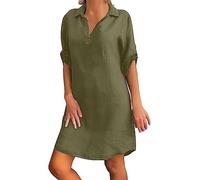 Leinenkleid Damen 3/4 Arm Sommer Knopfleiste Sommerkleid Damen mit Taschen Leinenkleider Baumwolle Leinen Blusenkleid Freizeitkleid Strandkleider Boho Kleid A-Linie Kleid Hemdblusenkleid