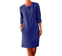 Leinenkleid Damen 3/4 Arm Sommer Knopfleiste Sommerkleid Damen mit Taschen Leinenkleider Baumwolle Leinen Blusenkleid Freizeitkleid Strandkleider Boho Kleid A-Linie Kleid Hemdblusenkleid