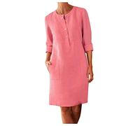 Leinenkleid Damen 3/4 Arm Sommer Knopfleiste Sommerkleid Damen mit Taschen Leinenkleider Baumwolle Leinen Blusenkleid Freizeitkleid Strandkleider Boho Kleid A-Linie Kleid Hemdblusenkleid