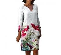 Leinenkleid Damen Herbst V-Ausschnitt Langarm Sommerkleid Knielang Leinenkleider Baumwolle Leinen Blusenkleid Drucken Freizeitkleid Strandkleider Boho Kleid A-Linie, Rot3, XL
