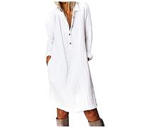 Leinenkleid Damen Langarm- Kleid Damen Knielang, Midikleid Damen Hemdkleid Vintage mit Taschen V Ausschnitt Revers Lässig Locker Kleider Baumwolle Leinen Blusenkleid Freizeitkleid Herbst Frühling