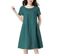Leinenkleid Damen Rundhals Kurzarm Sommerkleid Leinenkleider Baumwolle Leinen Blusenkleid Freizeitkleid Strandkleider Boho Kleid A-Linie Hemdblusenkleid, Grün, 3XL