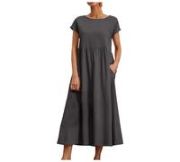 Leinenkleid Damen Sommer - Kleid Damen Kurzarm Lange Sommerkleid Leicht und Luftig Bequeme Locker Baumwolle Leinen Kleider Maxikleid Atmungsaktiv Lässig Vintage Freizeitkleid Blusenkleid mit Taschen