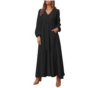 Leinenkleid Damen Sommer Kleid Langarm V-Ausschnitt A-Linie Maxi Kleider Locker Kaftan Langes Kaftan Kleid Swing Casual Blusen Tunika Maxikleid Boho Leinen Kleid mit Tasche (b-Black, XXXL)