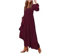 Leinenkleid Damen Sommer Kleid Langarm V-Ausschnitt A-Linie Maxi Kleider Locker Kaftan Langes Kaftan Kleid Swing Casual Blusen Tunika Maxikleid Boho Leinen Kleid mit Tasche Leinenkleider (b-Red, XXXL)