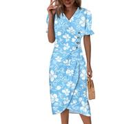 Leinenkleid,Damen Sommer Kleider Kurzarm Midikleider Lockeres Leinenkleider V-Ausschnitt Sommerkleid Strandkleid Blumendruck Curvy Midikleid Sommerkleider Knopf Classic Partykleid(3-Himmelblau,M)