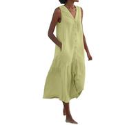 Leinenkleid Damen Sommer Lang Sommerkleid Kurzarm Shirtkleid Baumwolle Musselin Kleid V Ausschnitt Tunika Kleider Elegante Maxikleid Leicht Freizeitkleid Strandkleid A Linien Leinenkleider