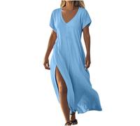 Leinenkleid Damen Sommer Lang Strandkleid Kurzärm Elegant V-Ausschnitt Maxikleid Boho Einfarbig Damenkleid Blusenkleid aus Leinen Baumwolle Fließende Kleid (Grey, XL)