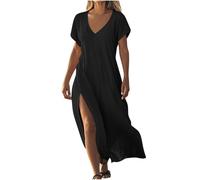 Leinenkleid Damen Sommer Lang Strandkleid Kurzärm Elegant V-Ausschnitt Maxikleid Boho Einfarbig Damenkleid Blusenkleid aus Leinen Baumwolle Fließende Kleid (Black, XL)