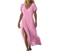 Leinenkleid Damen Sommer Lang Strandkleid Kurzärm Elegant V-Ausschnitt Maxikleid Boho Einfarbig Damenkleid Blusenkleid aus Leinen Baumwolle Fließende Kleid (Pink, M)