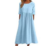 Leinenkleid Damen Sommer Midi Weiss Blusenkleid Rundhals Kurzarm Sommerkleid Damen Lang Leinenkleider Baumwolle Leinen Kleider Casual Einfarbig Freizeitkleid Strandkleider A-Linie Kleid mit Taschen