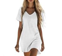 Leinenkleid Damen Sommer Musselin Kleid Sexy Kurz Sommerkleid V-Ausschnitt Kurzarm Shirtkleid Leichte Boho Strandkleid Große Größen Blusenkleid Elegant Einfarbig Freizeitkleid A-Linie Tunikakleid