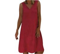 Leinenkleid Damen Sommer Shirtkleid V-Ausschnitt Strandkleid Knielang Ärmellos Sexy Minikleid Casual Swing A-Linie Kleid Baumwoll Leinen Freizeitkleid Elegant Atmungsaktiv Einfarbig Strand Urlaub