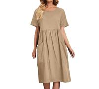 Leinenkleid Damen Sommer, Sommerkleid Damen Elegant- Strandkleid Damen A Linien Kleid mit Taschen Rundhals Kurzarm Midikleid Baumwolle Leinen Kleider Mode Solide Locker Freizeitkleid Frauen