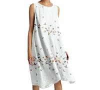 Leinenkleid Damen Sommer - Sommerkleid Damen Knielang, Ärmelloses Kleid Leinen Damen Elegant Boho Drucken Strandkleid Locker Tunika Tank Minikleid Luftige Baumwolle Kleider Freizeitkleid