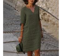 Leinenkleid Damen Sommer - Sommerkleid Damen Knielang -Strandkleid Damen V Ausschnitt Baumwolle Leinen Kleid Kurzarm Blusenkleid Leicht Bequeme A Linien Tunika Boho Kleider Vintage Freizeitkleid