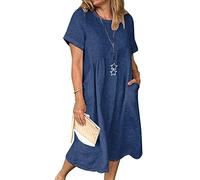 Leinenkleid Damen Sommer - Sommerkleid Damen Knielang -T Shirt Kleid Damen Große Größen Lässiges Lockeres Blusenkleid V Ausschnitt Baumwolle Leinen Einfarbige Vintage Kleider Freizeitkleid Shirtkleid