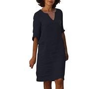 Leinenkleid Damen Sommer- Sommerkleid Damen Knielang, Vintage Kleid Damen Kurzarm 1/2 Arm V Ausschnitt Lässig Luftige Kleider Elegant Baumwolle Leinen Blusenkleid Freizeitkleid Partykleid Midikleid