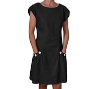 Leinenkleid Damen Sommer- Sommerkleid Damen Knielang, Vintage Kleid Damen Kurzarm mit Taschen Knöpfen Rundhals Lässig Luftige Kleider Elegant Baumwolle Leinen Tunika Blusenkleid Freizeitkleid