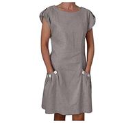 Leinenkleid Damen Sommer- Sommerkleid Damen Knielang, Vintage Kleid Damen Kurzarm mit Taschen Knöpfen Rundhals Lässig Luftige Kleider Elegant Baumwolle Leinen Tunika Blusenkleid Freizeitkleid