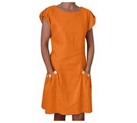 Leinenkleid Damen Sommer- Sommerkleid Damen Knielang, Vintage Kleid Damen Kurzarm mit Taschen Knöpfen Rundhals Lässig Luftige Kleider Elegant Baumwolle Leinen Tunika Blusenkleid Freizeitkleid