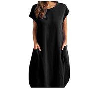 Leinenkleid Damen Sommer- Sommerkleid Damen Knielang, Vintage Kleid Damen Kurzarm mit Taschen Rundhals Lässig Luftige Kleider Elegant Baumwolle Leinen Tunika Shirtkleid Blusenkleid Freizeitkleid