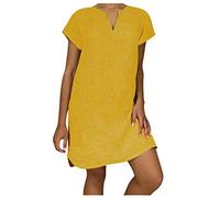 Leinenkleid Damen Sommer, Sommerkleid Damen Kurz- T Shirt Kleid Damen V-Ausschnitt Kurzarm Strandkleid Einfarbig Baumwolle Leinen Kleider Leicht Luftig Große Größen Minikleid Blusenkleid Frauen