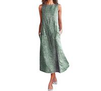 Leinenkleid Damen Sommer- Sommerkleid Damen Leicht und Luftig, Gestreifte Kleid Damen Lang Ärmellose mit Taschen Rundhals Lässig Lange Kleider Elegant Baumwolle Leinen Blusenkleid Freizeitkleid
