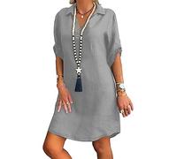 Leinenkleid Damen Sommer - Sommerkleid Knielang Tshirt Kleid Große Größen Blusenkleid mit Knöpfen V-Ausschnitt Revers Baumwolle Leinen Einfarbige Vintage Kleider Hemdkleid Shirtkleid