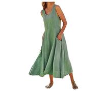 Leinenkleid Damen Sommer Sommerkleid Lang A Linien Kleid Baumwolle Leinen mit Tasche Vintage Einfarbig Ärmellos Strandkleid Locker Blusenkleid Langes Kleider Maxikleid Freizeitkleid für Frauen