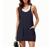 Leinenkleid Damen Sommer, Sommerkleider Damen Kurz- Minikleid Damen Sexy Trägerkleid mit Taschen Leicht und Luftig Baumwolle Leinen Kleider Spaghetti Träger Einfarbig Freizeitkleid Frauen