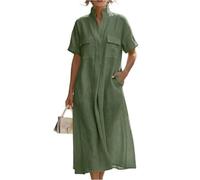 Leinenkleid Damen Sommer Tunika Kleid A Linie Elegante Kleider Stehkragen Kurzarm Sommerkleid Leicht Luftig Strandkleid mit Taschen Frauen Sommerkleider Baumwolle Leinen Midikleid