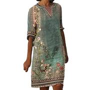 Leinenkleid Damen Sommer V-Ausschnitt Kurzarm Sommerkleid Damen Knielang Leinenkleider Baumwolle Blusenkleid Casual Drucken Freizeitkleid Strandkleider Boho Kleid A-Linie Kleid
