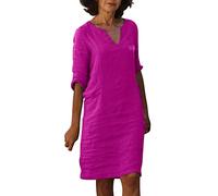 Leinenkleid Damen Sommer V-Ausschnitt Kurzarm Sommerkleid Damen Knielang Leinenkleider Baumwolle Leinen Blusenkleid Casual Drucken Freizeitkleid Strandkleider Kleid A-Linie Kleid