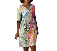 Leinenkleid Damen Sommer V-Ausschnitt Kurzarm Sommerkleid Damen Knielang Leinenkleider Baumwolle Leinen Blusenkleid Casual Drucken Freizeitkleid Strandkleider Boho Kleid A-Linie Kleid, Rot2, S