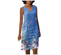 Leinenkleid Damen Sommer V-Ausschnitt Kurzarm Sommerkleid Damen Knielang Leinenkleider Baumwolle Leinen Blusenkleid Casual Drucken Freizeitkleid Strandkleider A-Linie Kleid