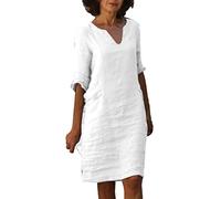 Leinenkleid Damen Sommer V-Ausschnitt Kurzarm Sommerkleid Damen Knielang Leinenkleider Baumwolle Leinen Blusenkleid Casual Drucken Freizeitkleid Strandkleider Kleid A-Linie Kleid