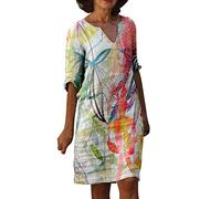 Leinenkleid Damen Sommer V-Ausschnitt Kurzarm Sommerkleid Damen Knielang Leinenkleider Baumwolle Leinen Blusenkleid Casual Drucken Freizeitkleid Strandkleider Kleid A-Linie Kleid (10 Rot, XXL)