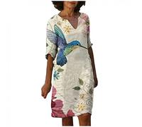 Leinenkleid Damen Sommer V-Ausschnitt Kurzarm Sommerkleid Damen Knielang Leinenkleider Baumwolle Leinen Blusenkleid Casual Drucken Freizeitkleid Strandkleider Boho Kleid A-Linie Kleid, 3XL, 1#beige