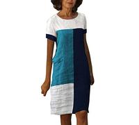 Leinenkleid Damen Sommer V-Ausschnitt Kurzarm Sommerkleid Damen Knielang Leinenkleider Baumwolle Leinen Blusenkleid Casual Drucken Freizeitkleid Strandkleider Kleid A-Linie Kleid