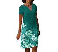 Leinenkleid Damen Sommer V-Ausschnitt Kurzarm Sommerkleid Damen Knielang Leinenkleider Baumwolle Leinen Blusenkleid Casual Drucken Freizeitkleid Strandkleider Kleid A-Linie Kleid