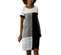 Leinenkleid Damen Sommer V-Ausschnitt Kurzarm Sommerkleid Damen Knielang Leinenkleider Baumwolle Leinen Blusenkleid Casual Drucken Freizeitkleid Strandkleider Kleid A-Linie Kleid